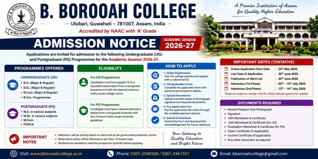 B Borooah College Admission Notice 2026 for UG and PG Courses