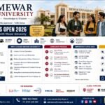 Mewar University Admission 2026 complete guide banner featuring the university campus, students, eligibility criteria, admission process, fee structure, scholarships and important admission dates.