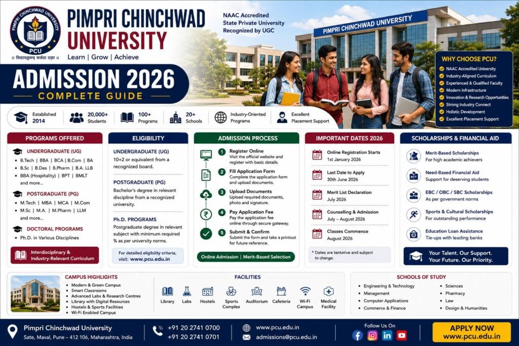 Pimpri Chinchwad University Admission 2026 complete guide banner featuring the university campus, students, eligibility criteria, admission process, fee structure, scholarships and important admission dates.