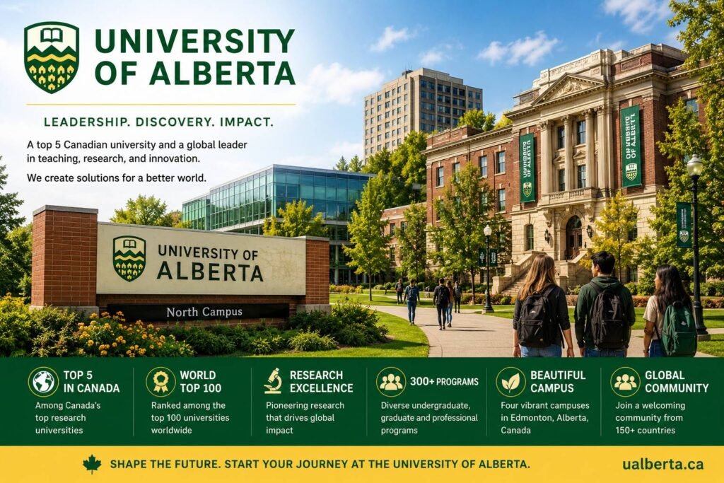 University of Alberta campus with students walking through the North Campus, showcasing iconic buildings, research excellence, global rankings and a vibrant academic environment in Edmonton, Canada.