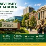 University of Alberta campus with students walking through the North Campus, showcasing iconic buildings, research excellence, global rankings and a vibrant academic environment in Edmonton, Canada.