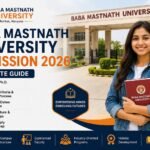 Modern university admission banner for Baba Mastnath University Admission 2026 featuring the campus entrance, a smiling student, and key admission information for UG, PG, and PhD programmes in Haryana.