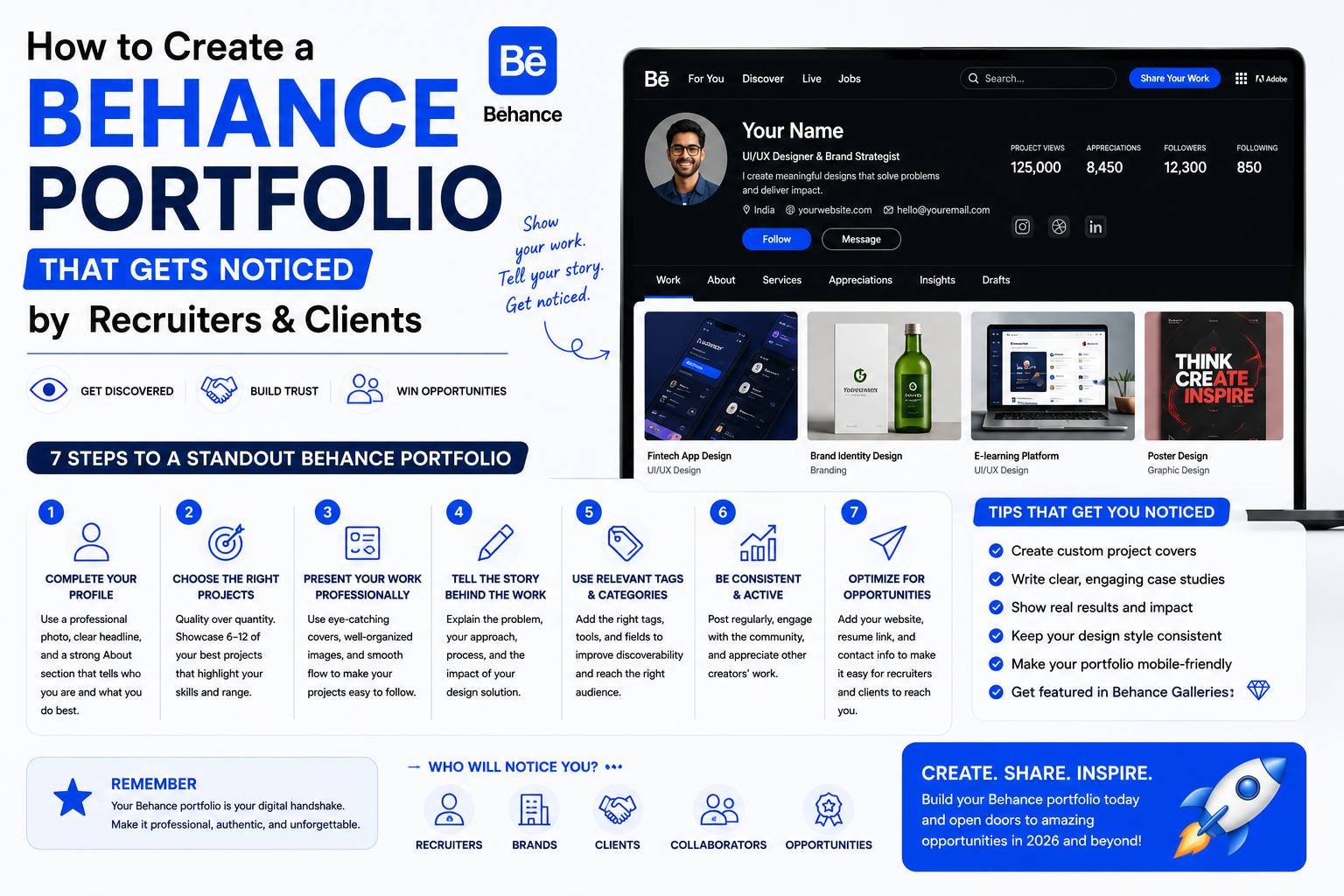 Professional designer showcasing a visually appealing Behance portfolio with detailed case studies, creative projects, and branding work to attract recruiters and clients.