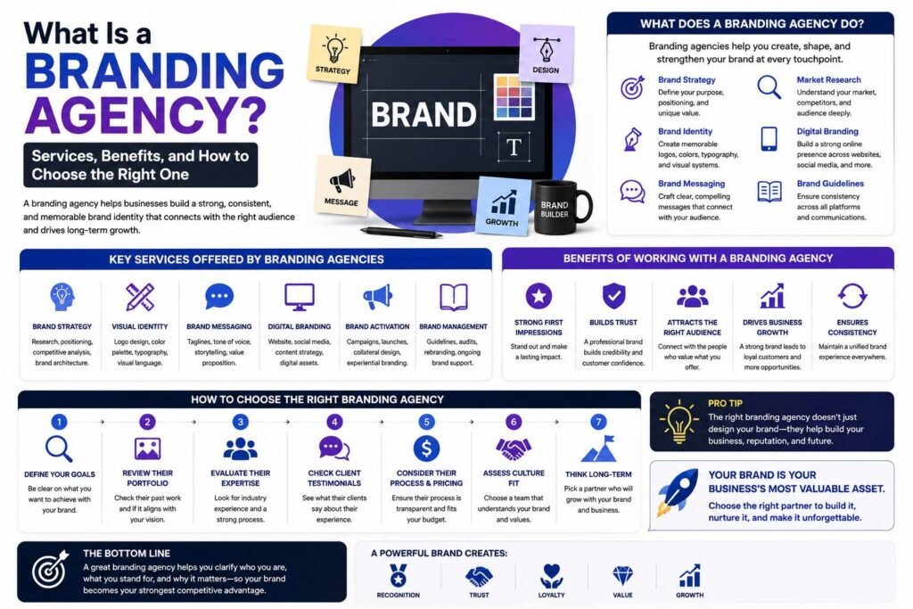 Business team working with a branding agency to develop brand strategy, logo design, marketing materials, and digital brand identity.