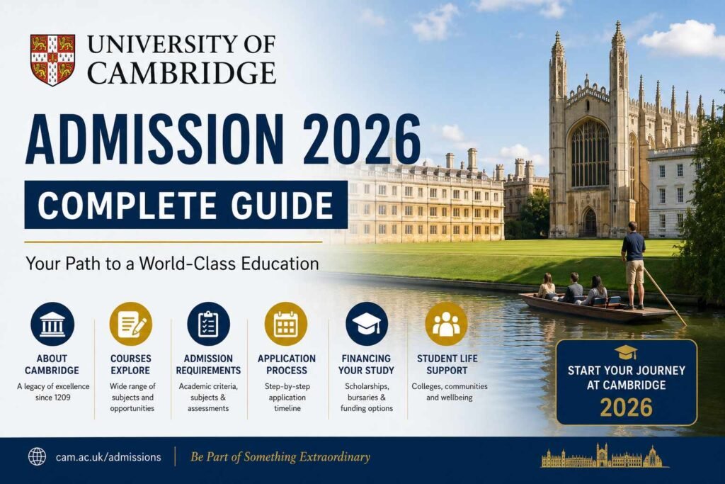 University of Cambridge Admission 2026 complete guide banner featuring the historic Cambridge campus, students, academic excellence, admission requirements, application process, courses, scholarships, tuition fees, and important admission deadlines.