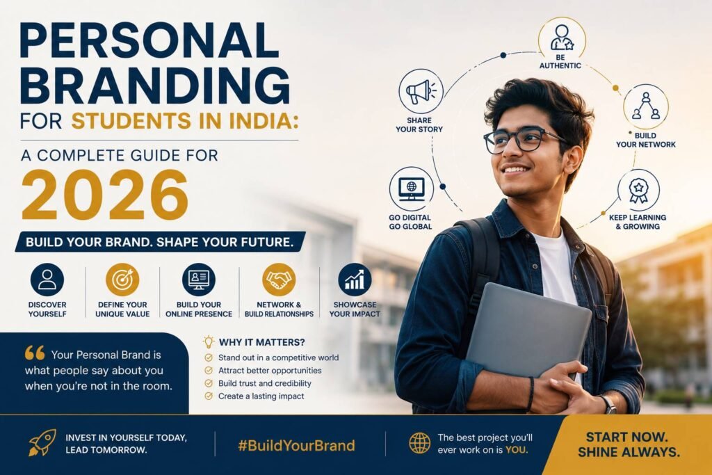 Indian college students building their personal brand online using LinkedIn, portfolio websites, and social media platforms for career growth in 2026.