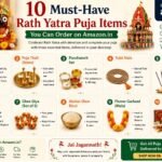 Rath Yatra puja essentials including Lord Jagannath idol, brass diya, incense sticks, puja thali, flowers, coconut, kalash, and traditional worship accessories arranged for the festival.