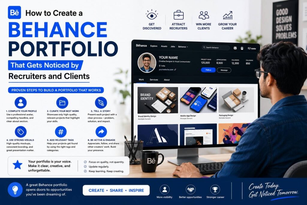Creative designer showcasing a professional Behance portfolio with case studies, design projects, and visual presentations to attract recruiters and clients.