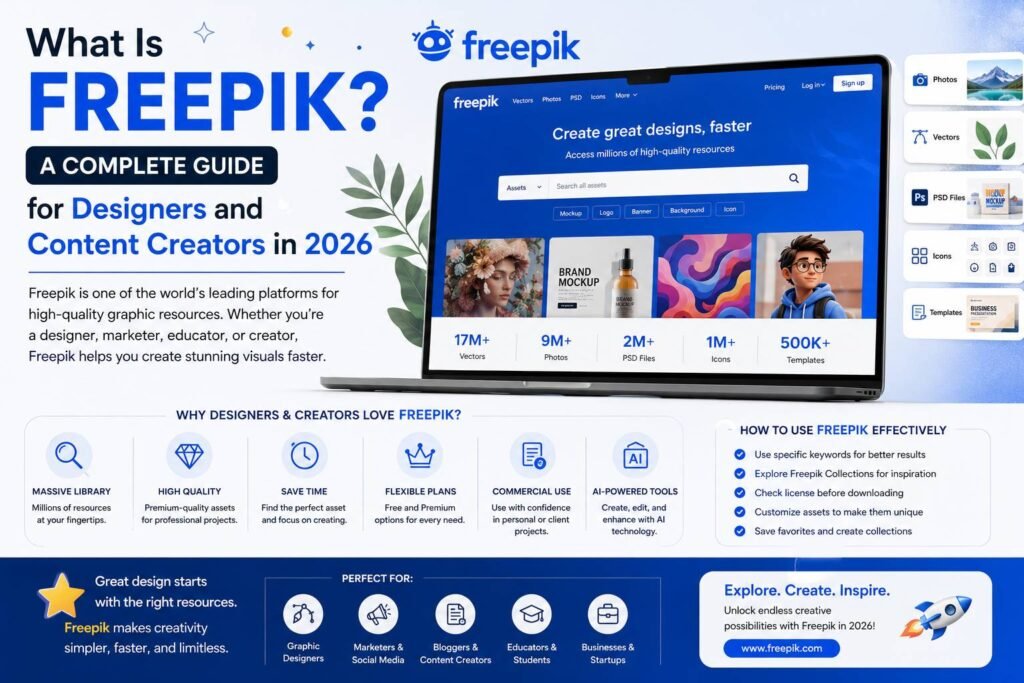 Designer using Freepik to access graphic resources, AI-powered design tools, templates, vectors, and stock images for creative projects in 2026.