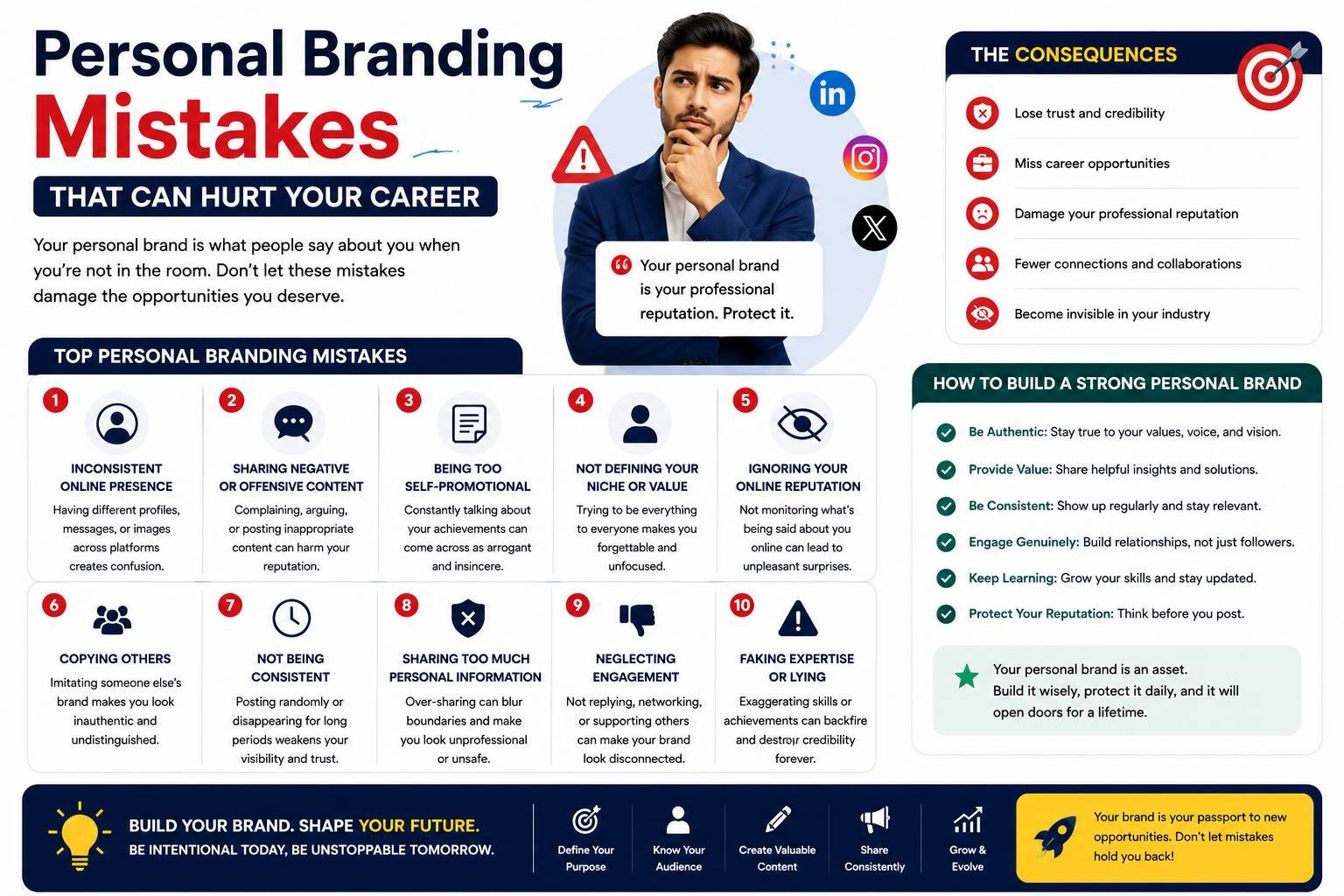 Professional reviewing personal branding mistakes on social media and LinkedIn that can negatively impact career growth and professional reputation.