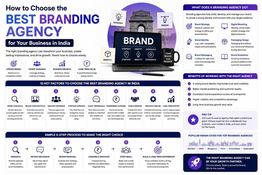 Business owner evaluating branding agencies in India by reviewing portfolios, brand strategies, digital marketing services, and client success stories.