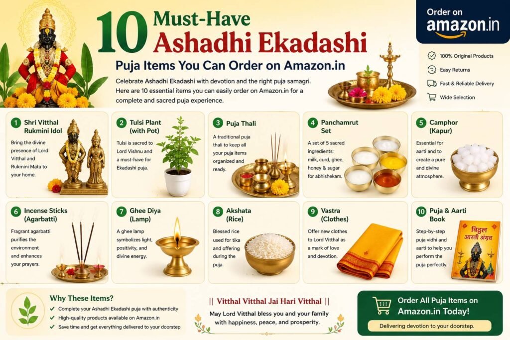 Essential Ashadhi Ekadashi puja items including Tulsi leaves, diya, incense sticks, puja thali, kalash, flowers, and Lord Vitthal idols arranged for worship.