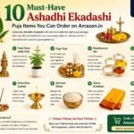 Essential Ashadhi Ekadashi puja items including Tulsi leaves, diya, incense sticks, puja thali, kalash, flowers, and Lord Vitthal idols arranged for worship.