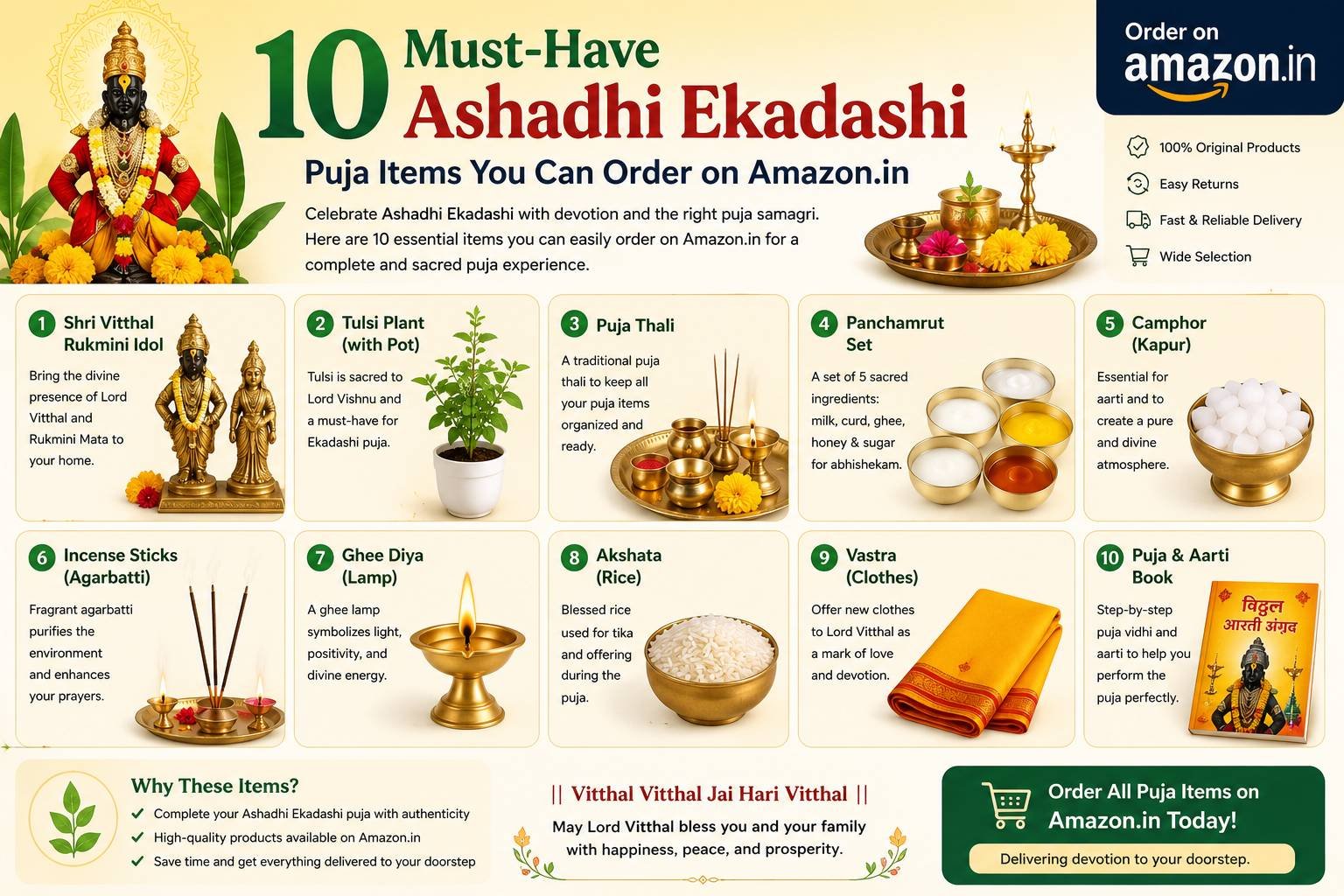 Essential Ashadhi Ekadashi puja items including Tulsi leaves, diya, incense sticks, puja thali, kalash, flowers, and Lord Vitthal idols arranged for worship.