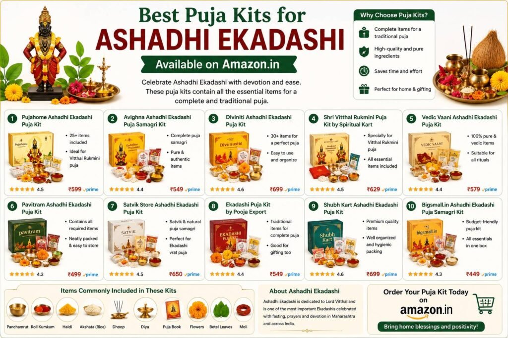 Complete Ashadhi Ekadashi puja kit with Lord Vishnu worship essentials including puja thali, diya, incense sticks, kumkum, Tulsi leaves, kalash, camphor, and other sacred items.