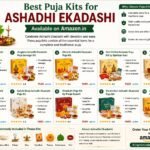 Complete Ashadhi Ekadashi puja kit with Lord Vishnu worship essentials including puja thali, diya, incense sticks, kumkum, Tulsi leaves, kalash, camphor, and other sacred items.