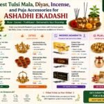 Traditional Ashadhi Ekadashi puja essentials including Tulsi mala, brass diya, incense sticks, puja thali, bell, camphor, and Lord Vitthal worship accessories beautifully arranged