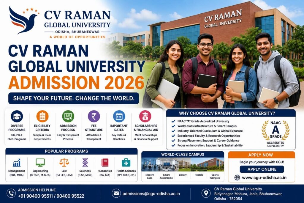 CV Raman Global University Admission 2026 complete guide banner featuring the university campus, students, eligibility criteria, admission process, fee structure, scholarships and important admission dates.