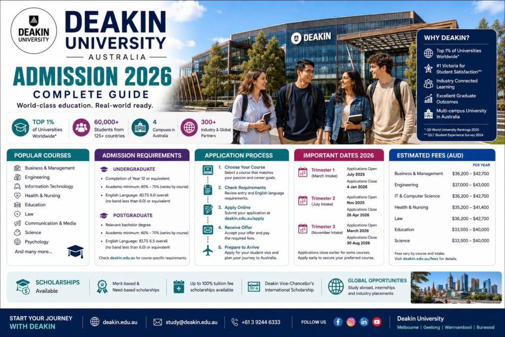 Deakin University Admission 2026 complete guide banner featuring the modern Deakin University campus, international students, eligibility criteria, admission process, tuition fees, scholarships and important admission dates.