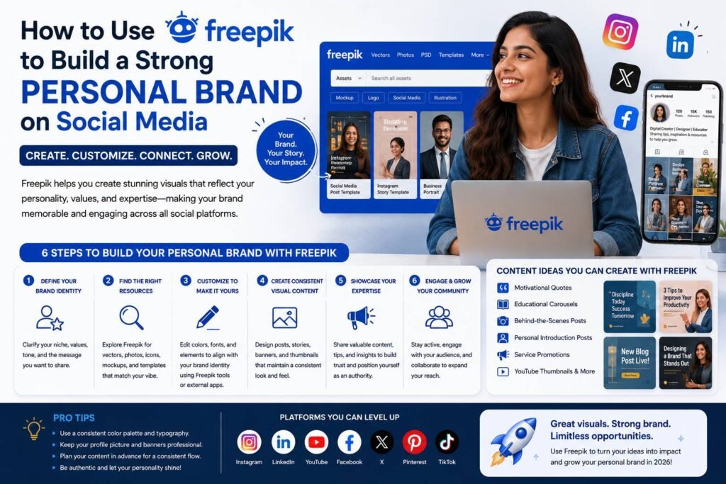 Content creator using Freepik templates, graphics, and AI design tools to create consistent social media posts and strengthen their personal brand online.