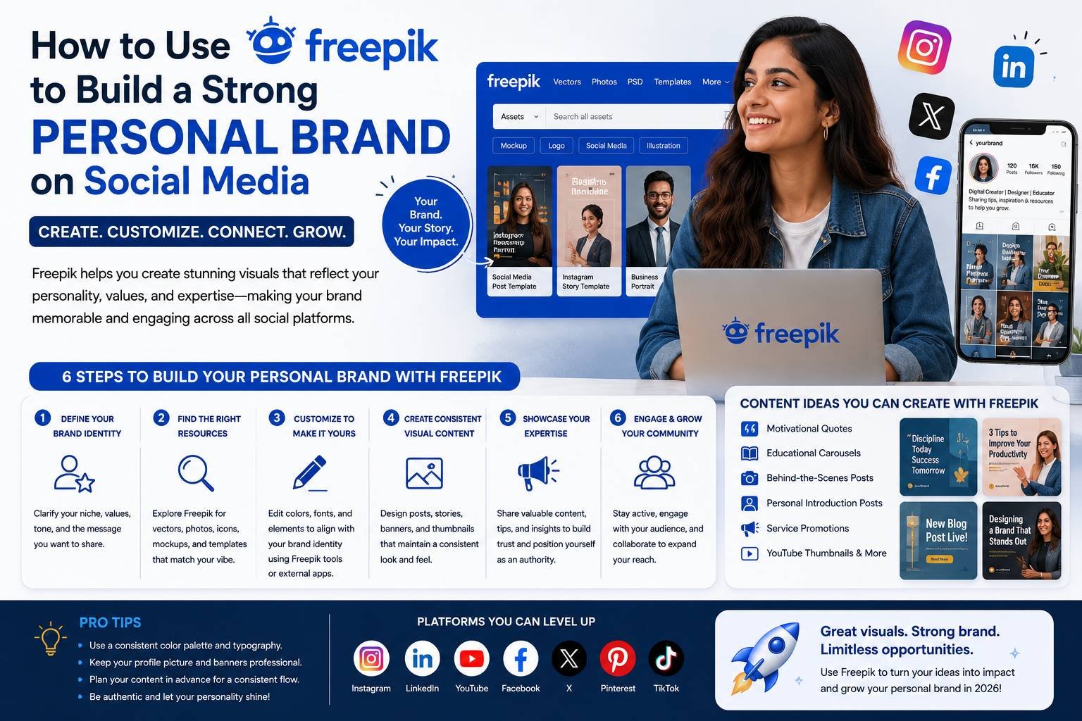 Content creator using Freepik templates, graphics, and AI design tools to create consistent social media posts and strengthen their personal brand online.