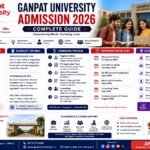 Ganpat University Admission 2026 complete guide banner featuring Ganpat University campus, students, eligibility criteria, admission process, scholarships, placements, academic programmes and important admission dates.
