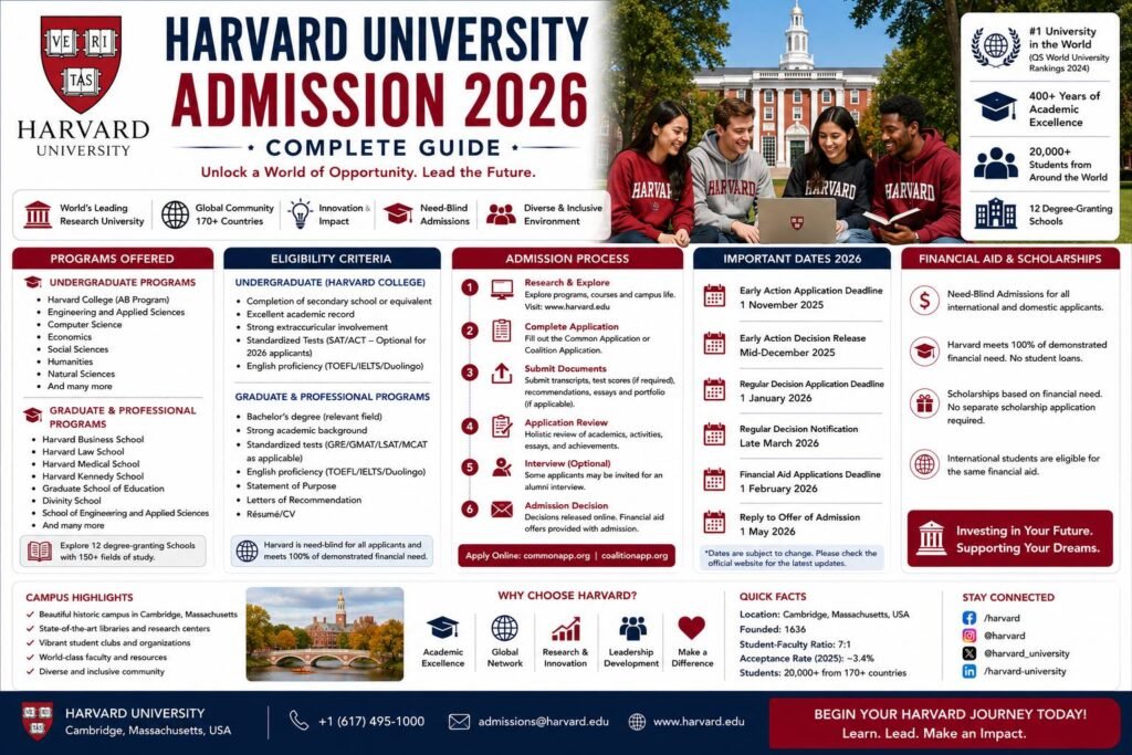 Harvard University Admission 2026 complete guide banner featuring the Harvard campus, students, eligibility criteria, admission process, financial aid, scholarships and important application deadlines.