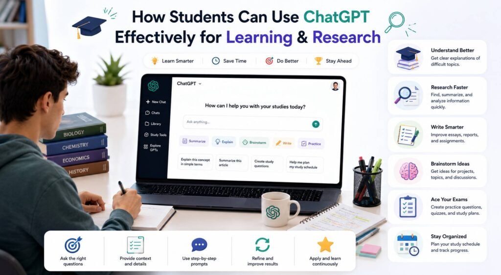 Students using ChatGPT effectively for learning research and academic productivity