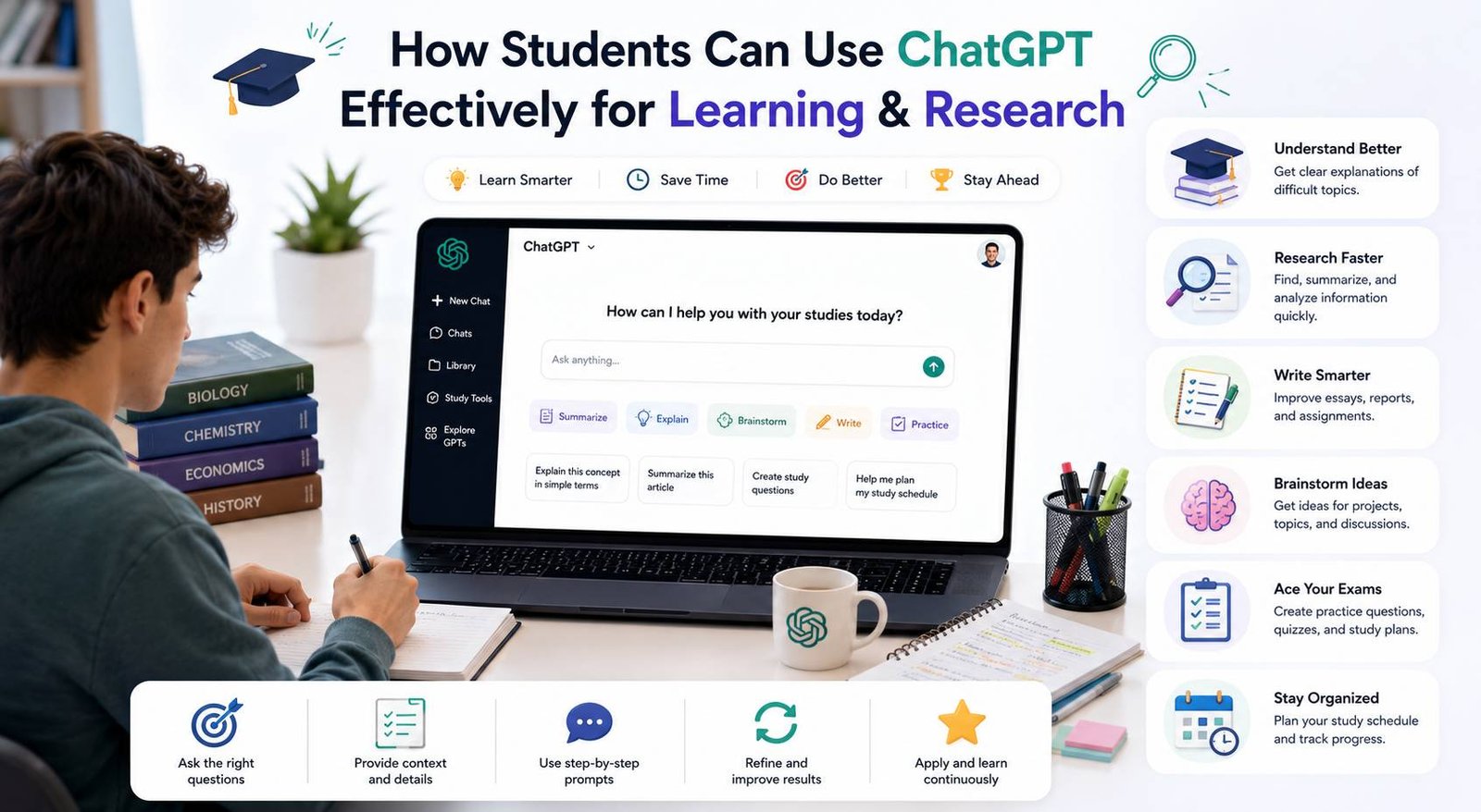 Students using ChatGPT effectively for learning research and academic productivity