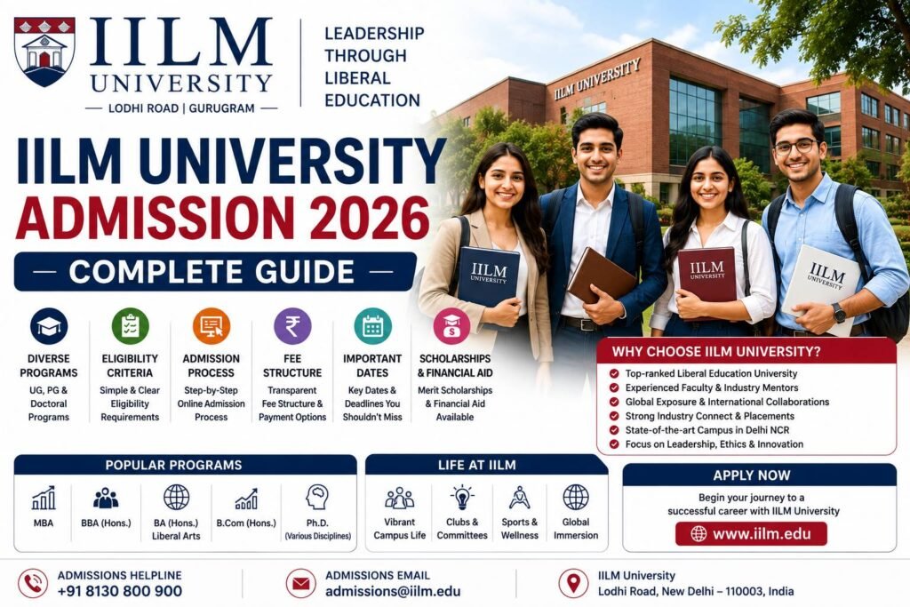 IILM University Admission 2026 complete guide banner featuring the university campus, students, eligibility criteria, admission process, fee structure, scholarships and important dates.