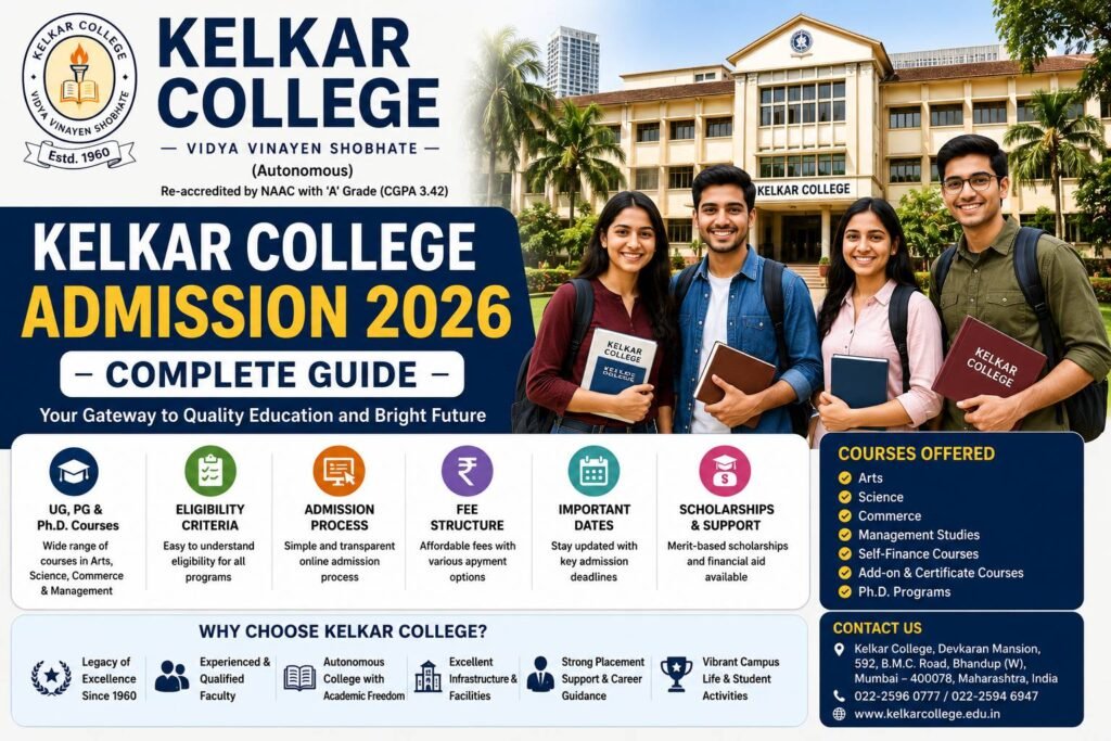 Kelkar College Admission 2026 complete guide banner featuring the college campus, students, eligibility criteria, admission process, fee structure, scholarships and important dates.