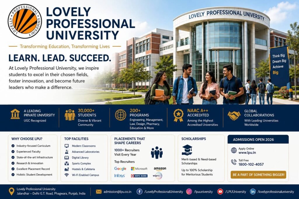 Lovely Professional University Admission 2026 complete guide banner featuring the official LPU logo, modern university campus, students, eligibility criteria, admission process, fee structure, scholarships and important admission dates.
