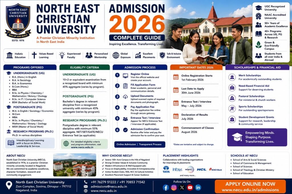 North East Christian University Admission 2026 complete guide banner featuring the university campus, students, eligibility criteria, admission process, fee structure, scholarships and important admission dates.