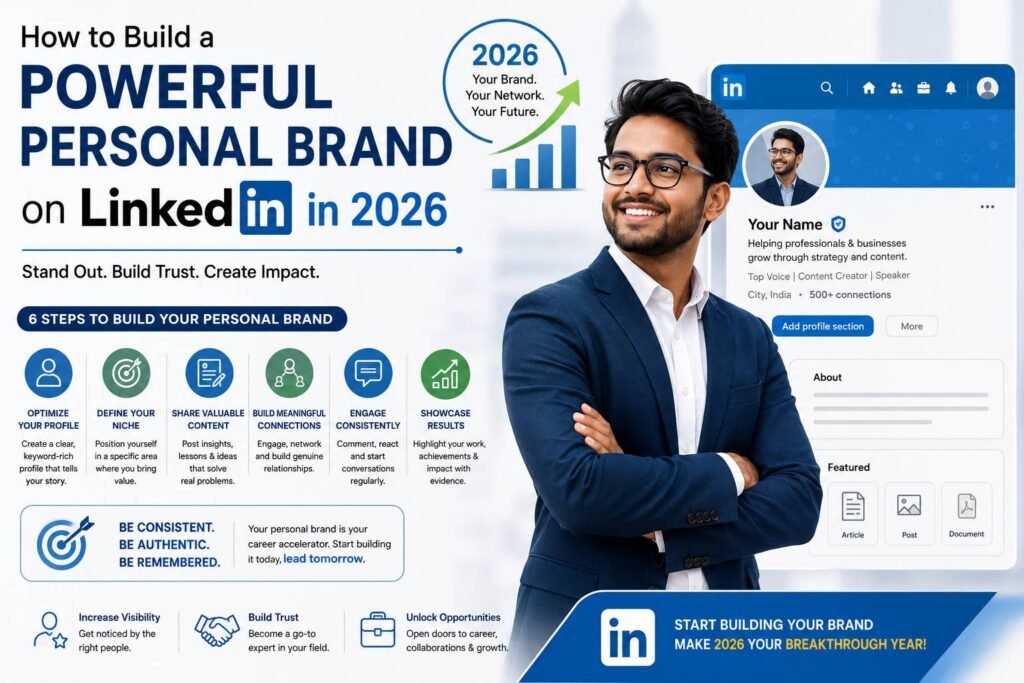 Young professional optimizing a LinkedIn profile, sharing industry content, and building a personal brand to grow career opportunities in 2026.