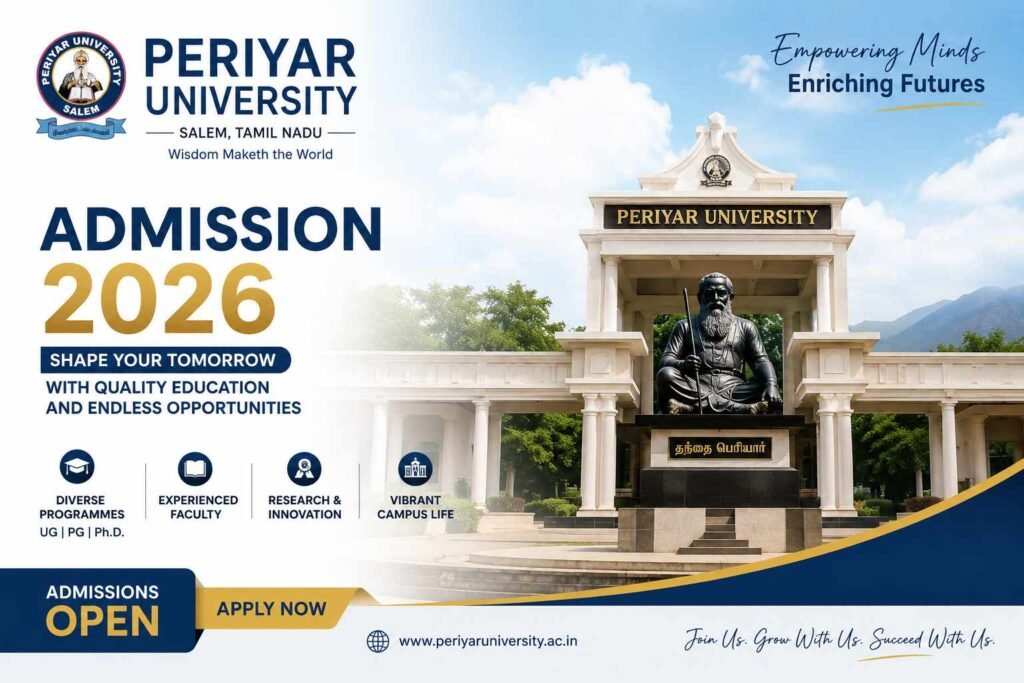 Periyar University Admission 2026 complete guide banner featuring the university campus, students, academic programs, admission process, eligibility criteria, fee structure, scholarships, placements, and important admission dates.