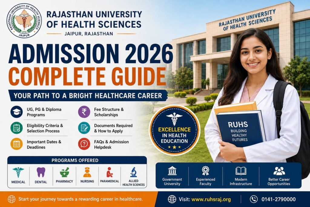 Rajasthan University of Health Sciences Admission 2026 guide featuring RUHS Jaipur campus, healthcare student, eligibility criteria, courses, fees, scholarships and admission process