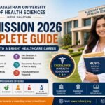 Rajasthan University of Health Sciences Admission 2026 guide featuring RUHS Jaipur campus, healthcare student, eligibility criteria, courses, fees, scholarships and admission process