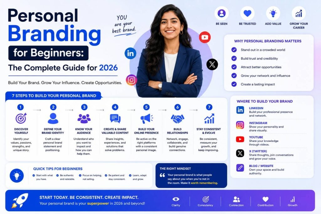 Beginner building a personal brand online using LinkedIn, social media, a personal website, and content creation strategies in 2026.