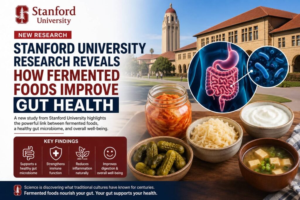 Infographic highlighting Stanford University fermented foods research, featuring fermented foods such as yogurt, kimchi, sauerkraut and pickles alongside gut health and microbiome illustrations