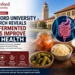 Infographic highlighting Stanford University fermented foods research, featuring fermented foods such as yogurt, kimchi, sauerkraut and pickles alongside gut health and microbiome illustrations