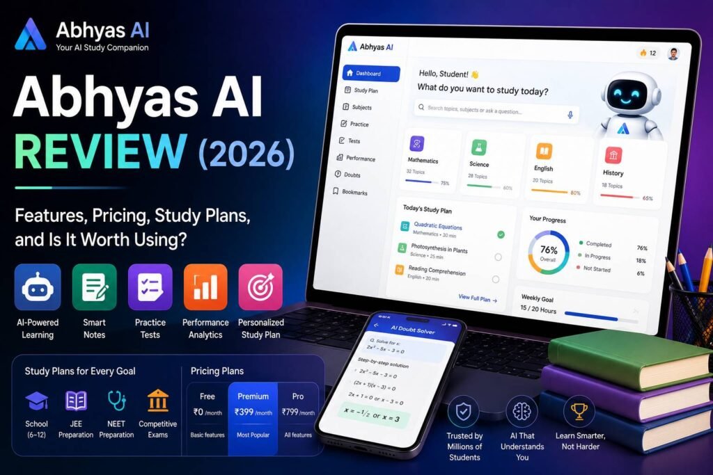 Student using Abhyas AI on a laptop to create personalized study plans, practice quizzes, AI tutoring sessions, exam preparation, and learning analytics.