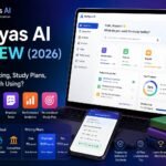 Student using Abhyas AI on a laptop to create personalized study plans, practice quizzes, AI tutoring sessions, exam preparation, and learning analytics.