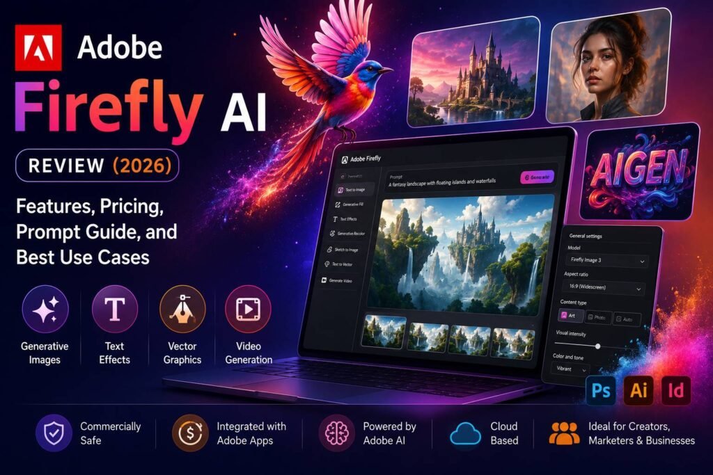 Designer using Adobe Firefly AI to generate images, edit photos, create vector graphics, and produce AI-powered creative content in Adobe Creative Cloud.