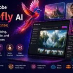 Designer using Adobe Firefly AI to generate images, edit photos, create vector graphics, and produce AI-powered creative content in Adobe Creative Cloud.