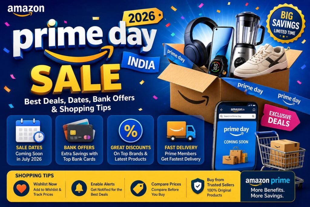 Shoppers browsing Amazon Prime Day Sale 2026 on a laptop with discounts on smartphones, laptops, home appliances, fashion, and electronics alongside bank offers and Prime member benefits.