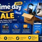 Shoppers browsing Amazon Prime Day Sale 2026 on a laptop with discounts on smartphones, laptops, home appliances, fashion, and electronics alongside bank offers and Prime member benefits.