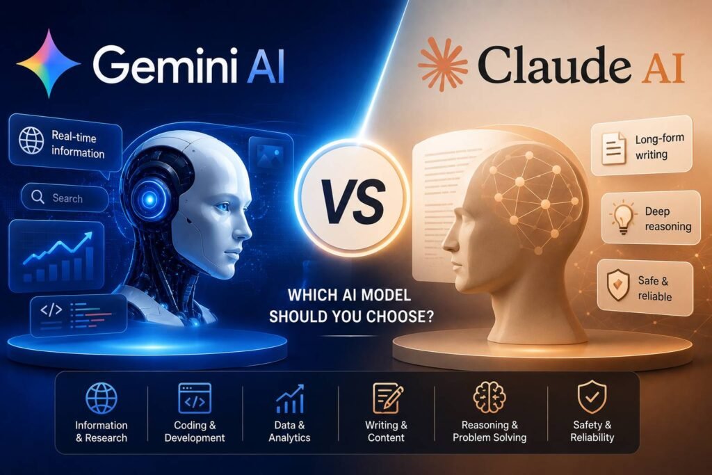 Comparison of Google Gemini AI and Claude AI showing advanced AI capabilities for writing, coding, research, document analysis, reasoning, and productivity on a modern digital workspace.