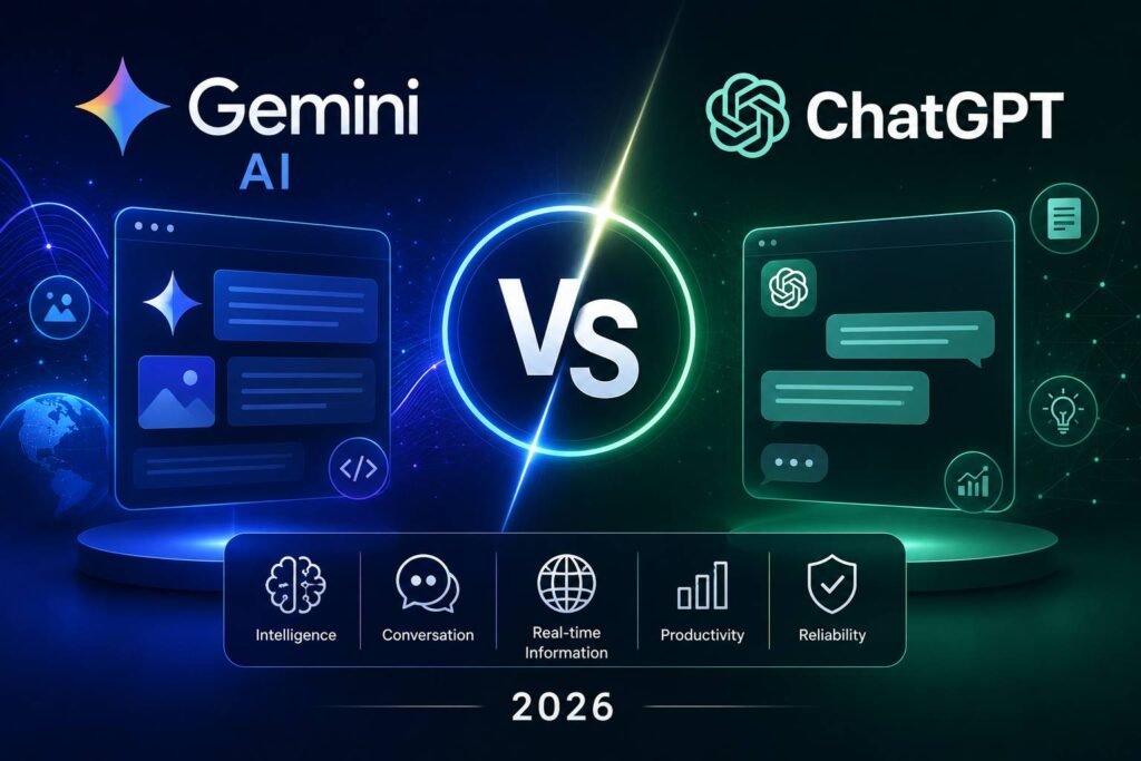 Comparison of Google Gemini AI and ChatGPT showing AI-powered writing, coding, research, multimodal capabilities, productivity tools, and conversational assistance on a modern digital workspace.