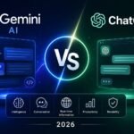 Comparison of Google Gemini AI and ChatGPT showing AI-powered writing, coding, research, multimodal capabilities, productivity tools, and conversational assistance on a modern digital workspace.