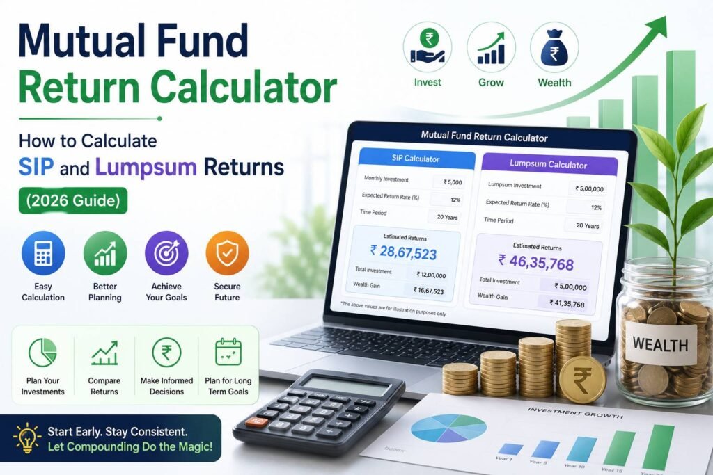 Investor using a mutual fund return calculator to estimate SIP and lumpsum investment returns, future value, and wealth growth through compounding.